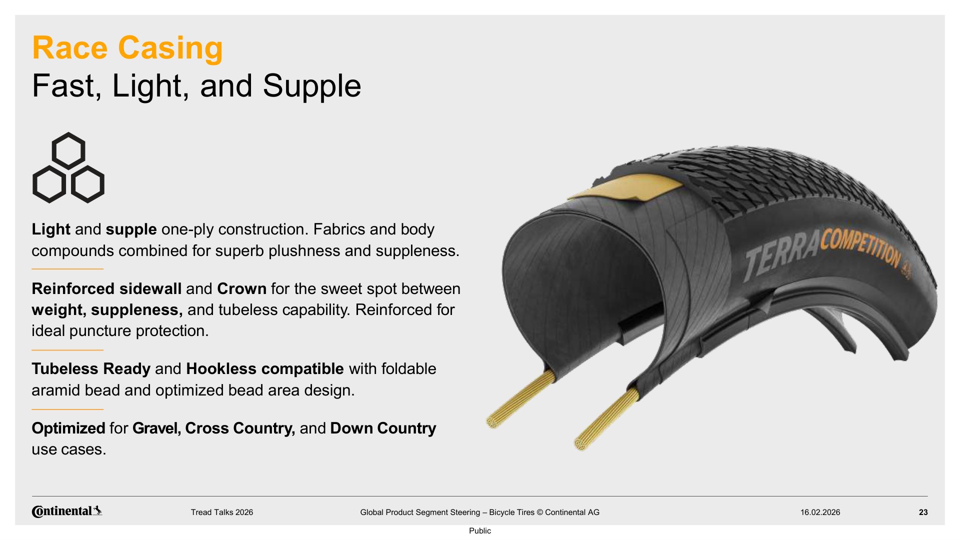 Continental Race Casing: lahek, prožen, Tubeless Ready in hookless kompatibilen